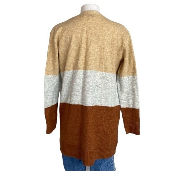 A New Day Striped Cardigan Tan Grey Tawny Long Acrylic Sweater Size XS - Picture 6 of 10